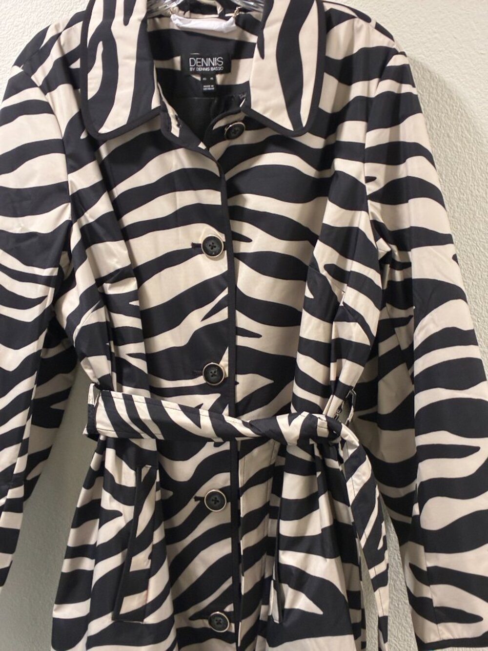 Dennis Basso Zebra Print Long Sleeve Belted Raincoat Black Cream Women XL NWOT - Picture 6 of 9
